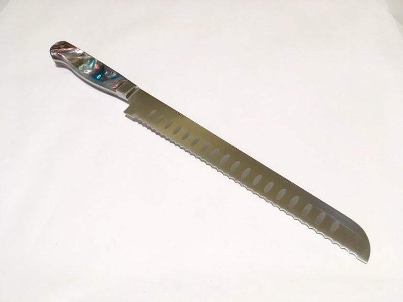 VG-10 serrated steel challah knife with custom handle