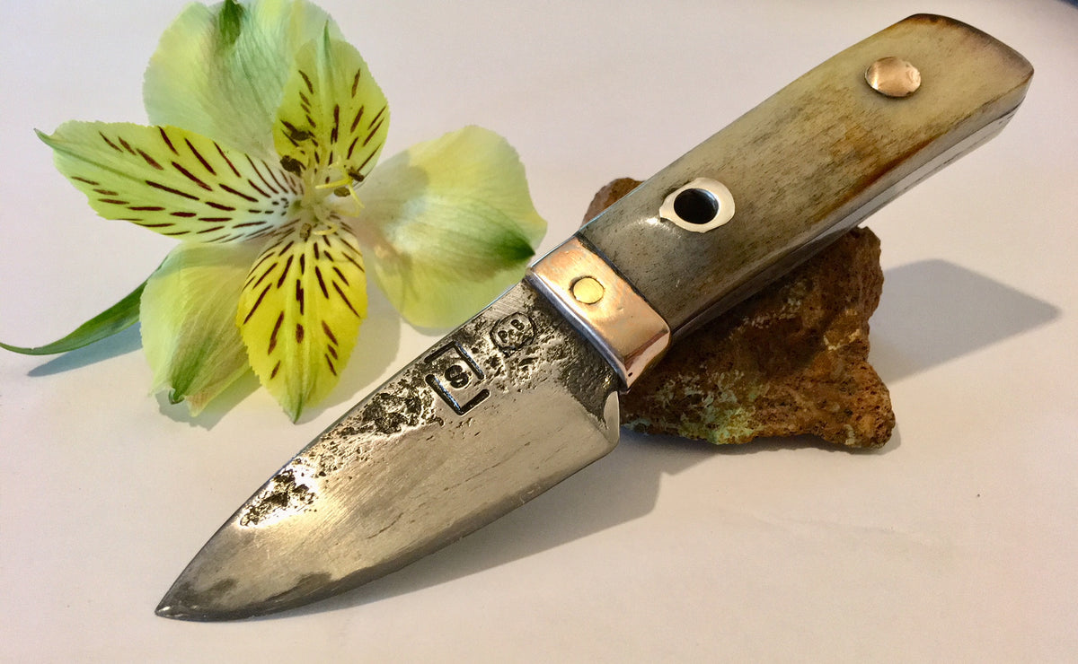 Custom belt knife forged carbon steel EDC everyday carry knife with mokume gane bolster bone handle Metals Artisan