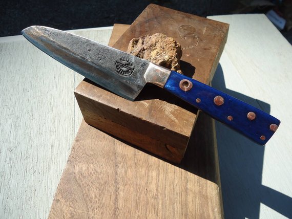 Blue handle Santoku style Japanese San Mai steel chef knife