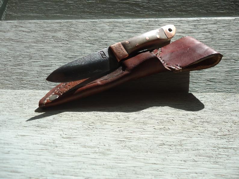 hand-forged deer antler drop-point knife by Metals Artisan