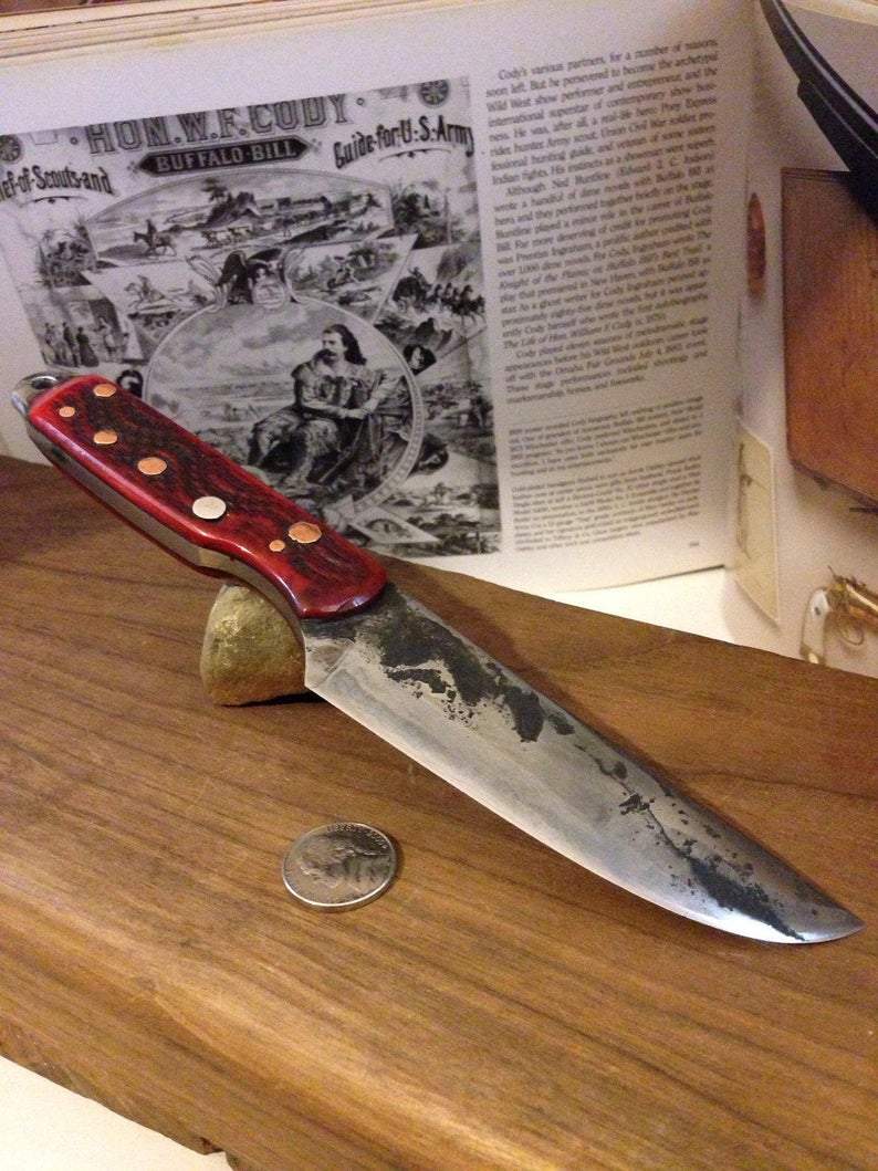 hand-forged red bone carry knife by Metals Artisan