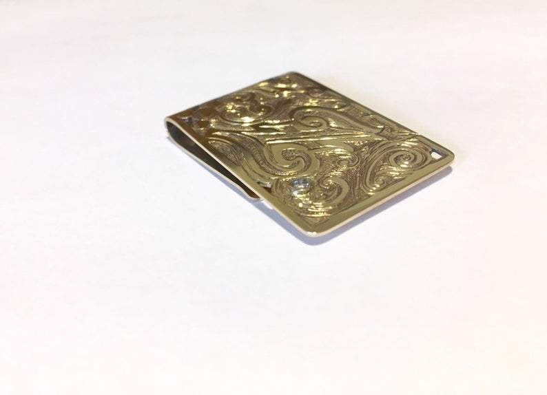 handmade engraved 14K gold custom money clip with diamond accent 