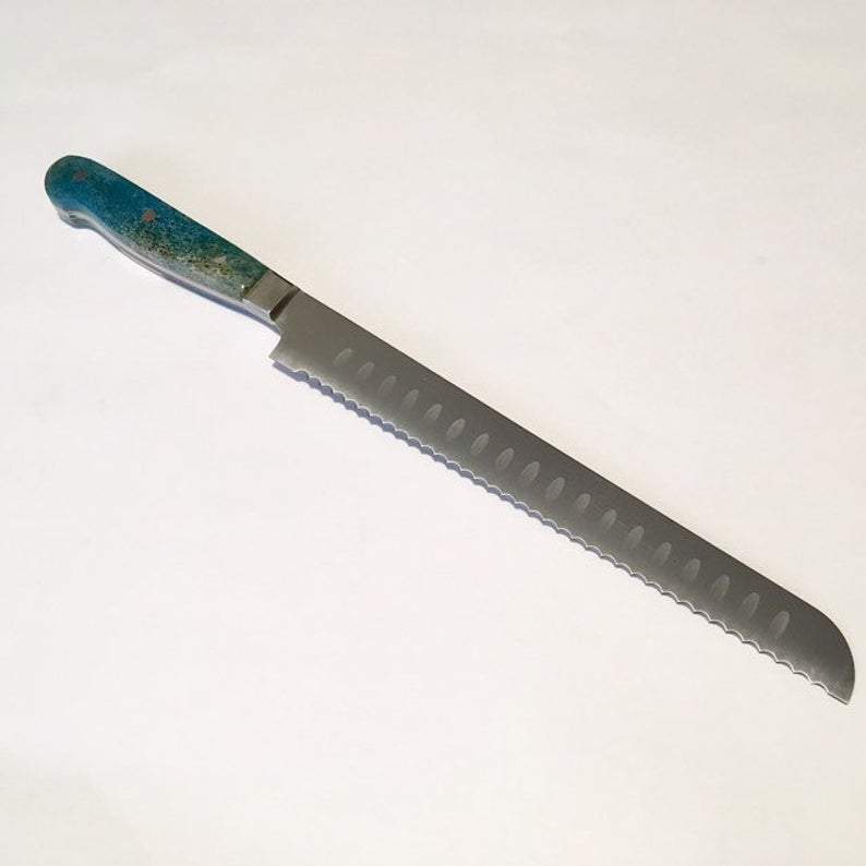 VG-10 serrated steel challah knife with custom inlay handle