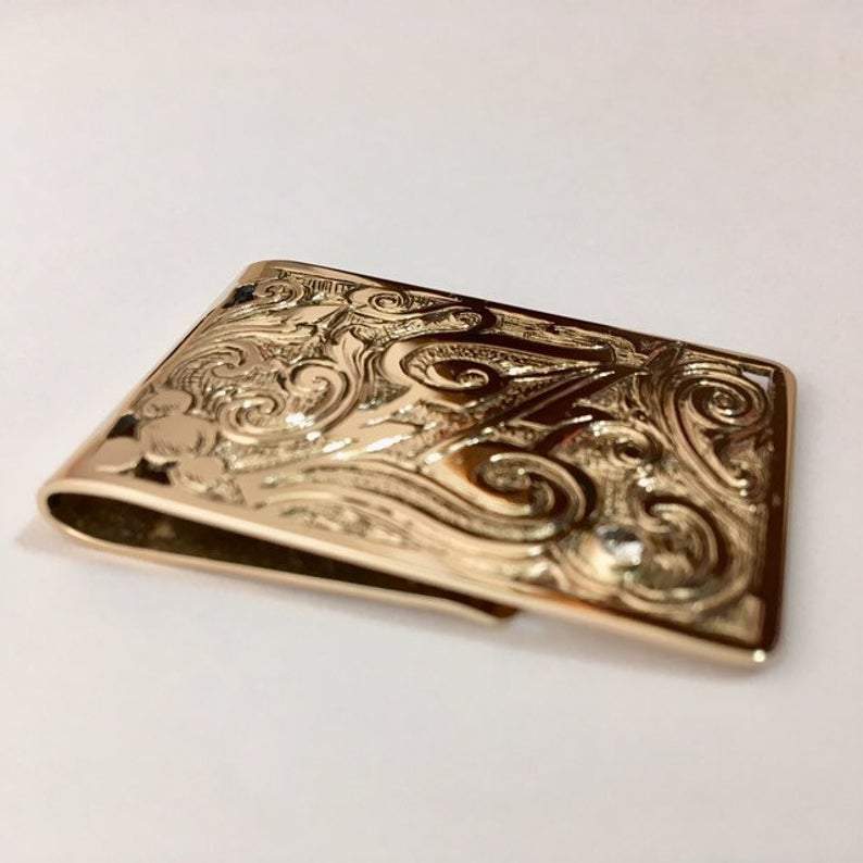 handmade engraved 14K gold custom money clip with diamond accent 