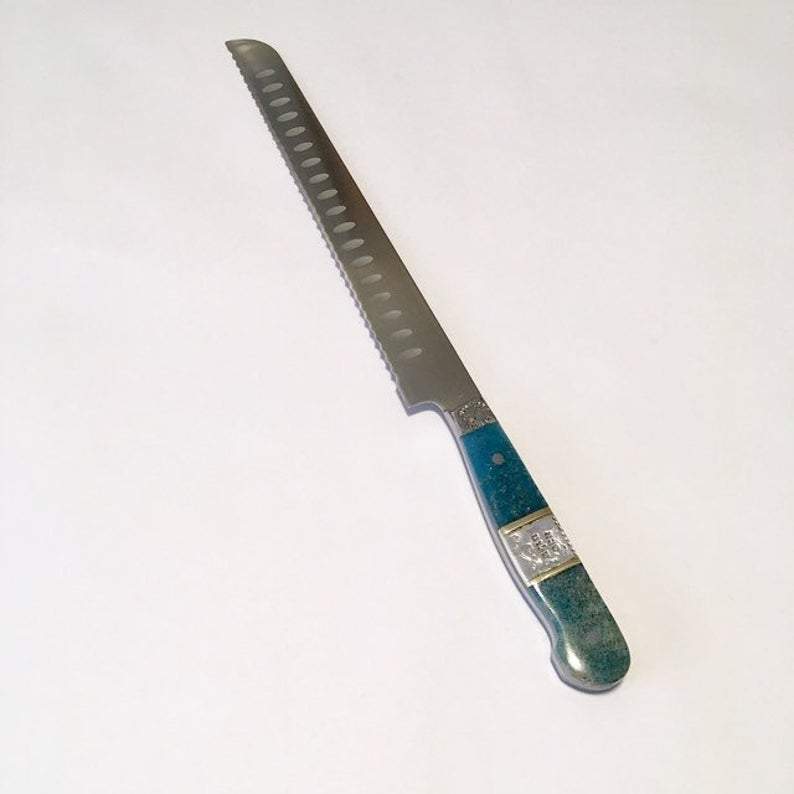 VG-10 serrated steel challah knife with custom inlay handle